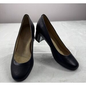 Rockport Pump Shoes Women's 8.5 Navy Blue Leather Slip-On‎ Block Heel Round Toe